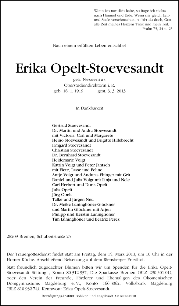  Traueranzeige für Erika Opelt-Stoevesandt vom 09.03.2013 aus WESER-KURIER