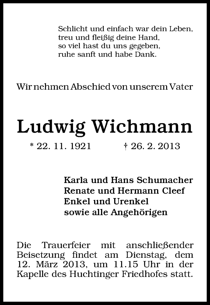 Traueranzeige von Ludwig Wichmann von WESER-KURIER