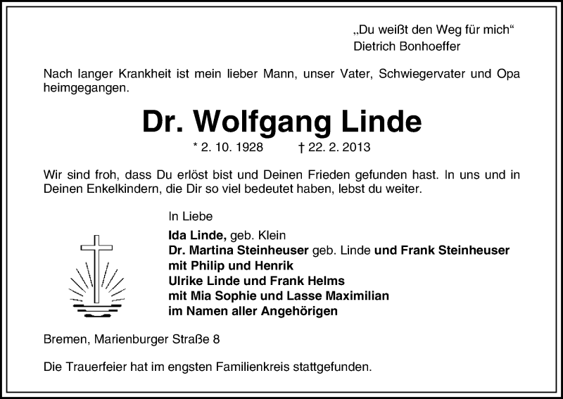 Traueranzeige von Wolfgang Linde von WESER-KURIER