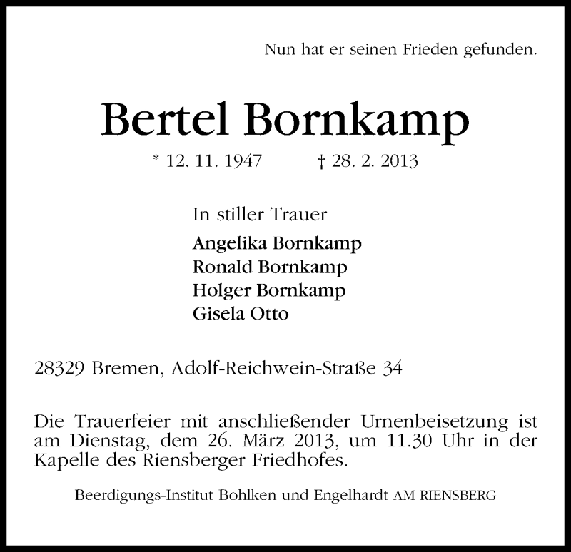 Traueranzeige von Bertel Bornkamp von WESER-KURIER