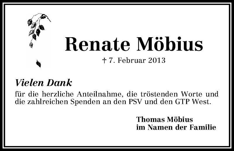  Traueranzeige für Renate Möbius vom 09.03.2013 aus WESER-KURIER