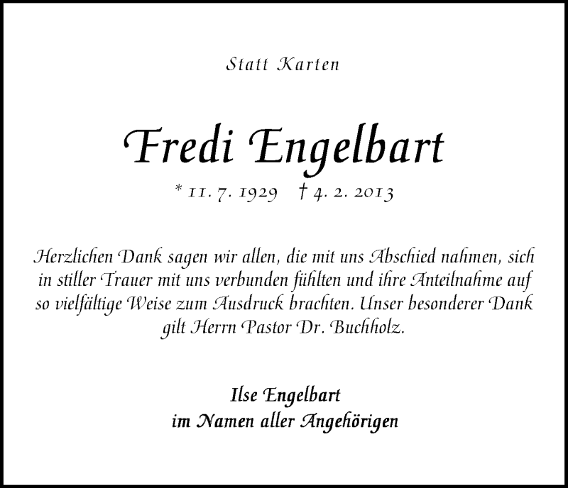 Traueranzeige von Fredi Engelbart von WESER-KURIER