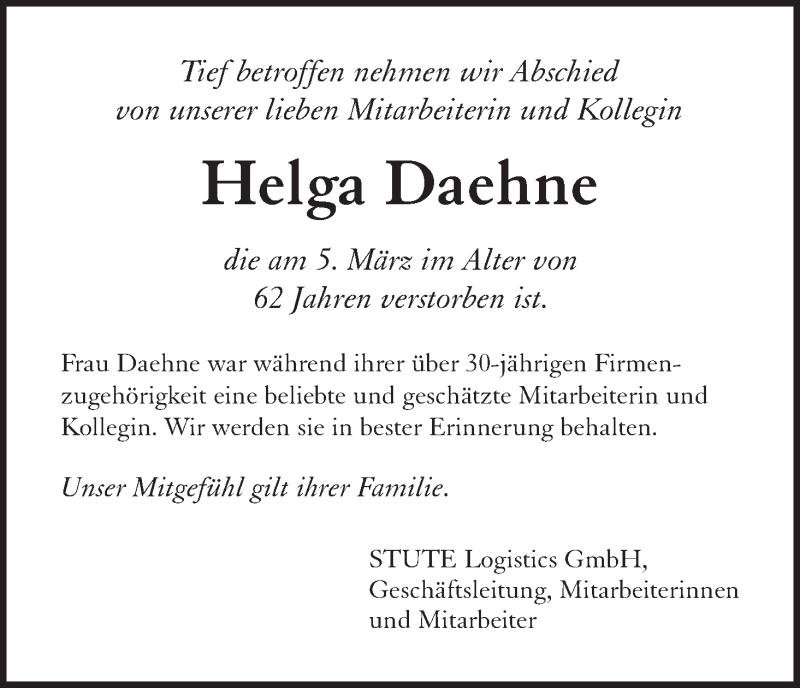 Traueranzeige von Helga Daehne von WESER-KURIER