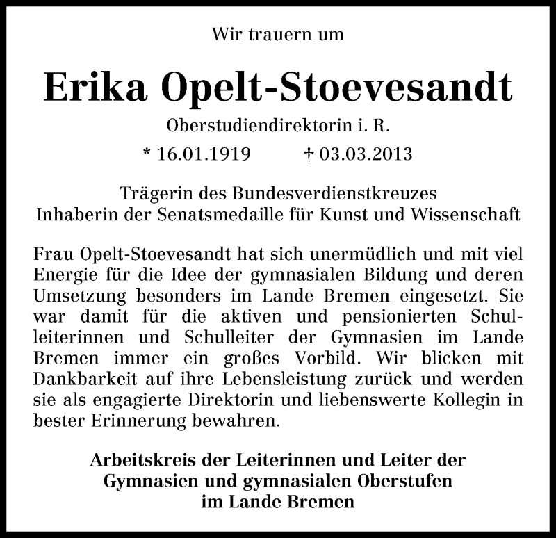  Traueranzeige für Erika Opelt-Stoevesandt vom 09.03.2013 aus WESER-KURIER