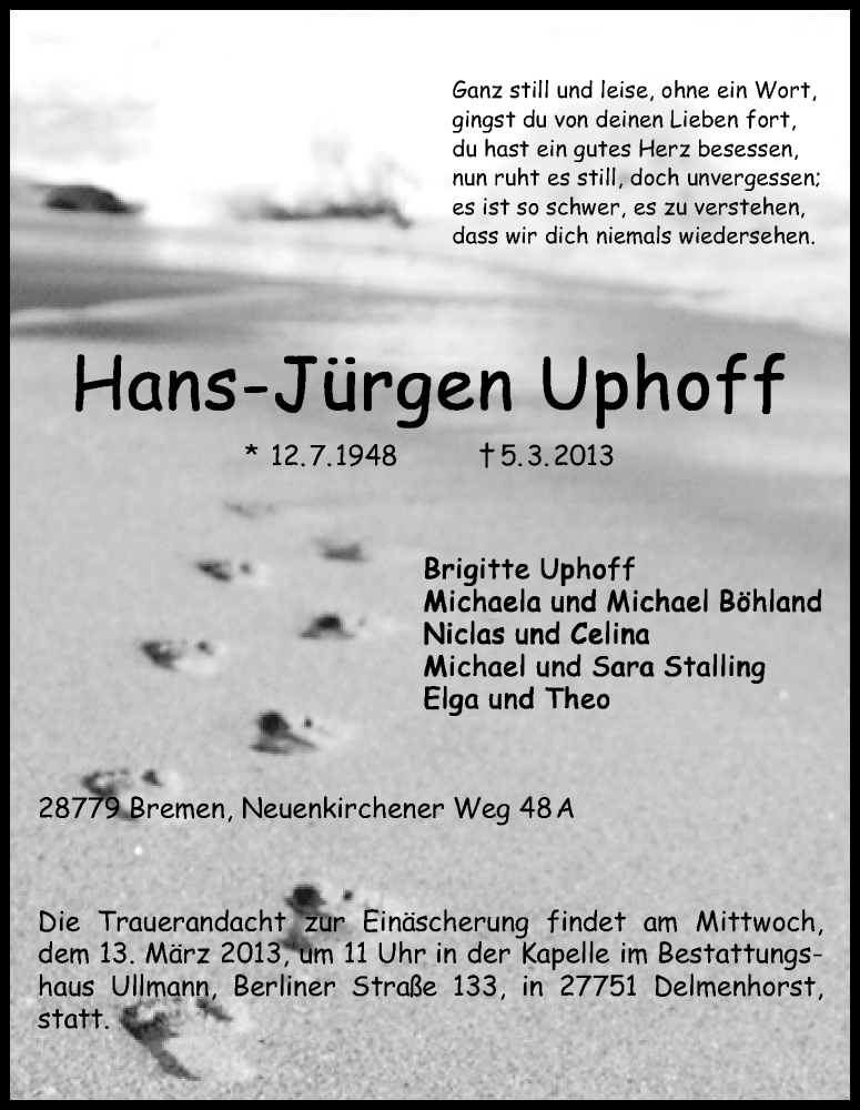  Traueranzeige für Hans-Jürgen Uphoff vom 09.03.2013 aus WESER-KURIER