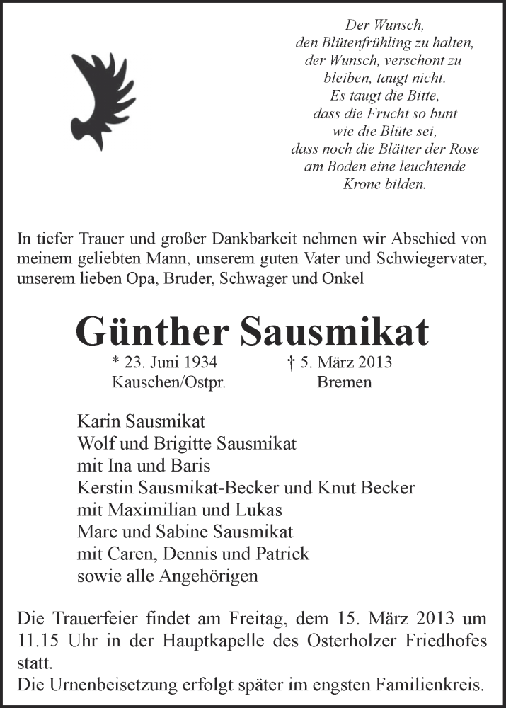  Traueranzeige für Günther Sausmikat vom 09.03.2013 aus WESER-KURIER
