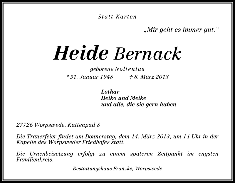 Traueranzeige von Heide Bernack von WESER-KURIER