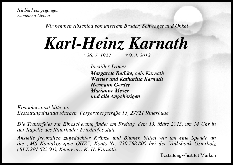 Traueranzeige von Karl-Heinz Karnath von WESER-KURIER
