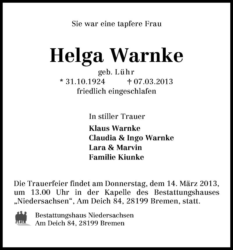 Traueranzeige von Helga Warnke von WESER-KURIER
