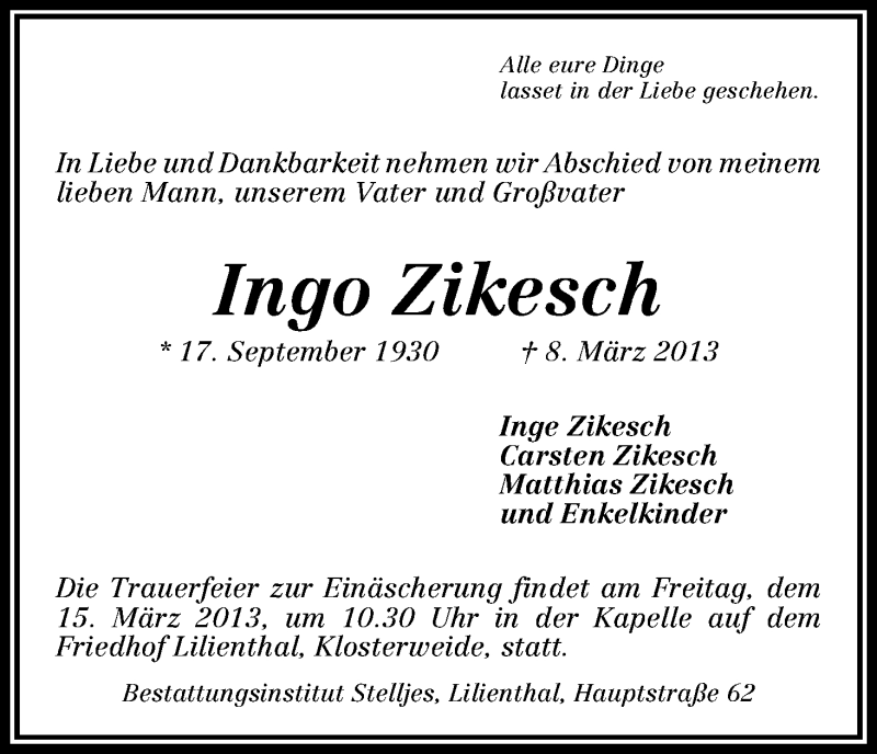 Traueranzeige von Ingo Zikesch von WESER-KURIER