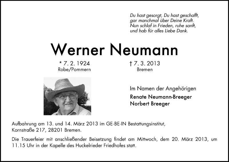 Traueranzeige von Werner Neumann von WESER-KURIER