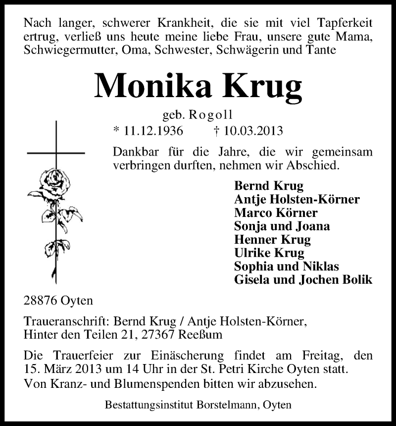 Traueranzeige von Monika Krug von WESER-KURIER