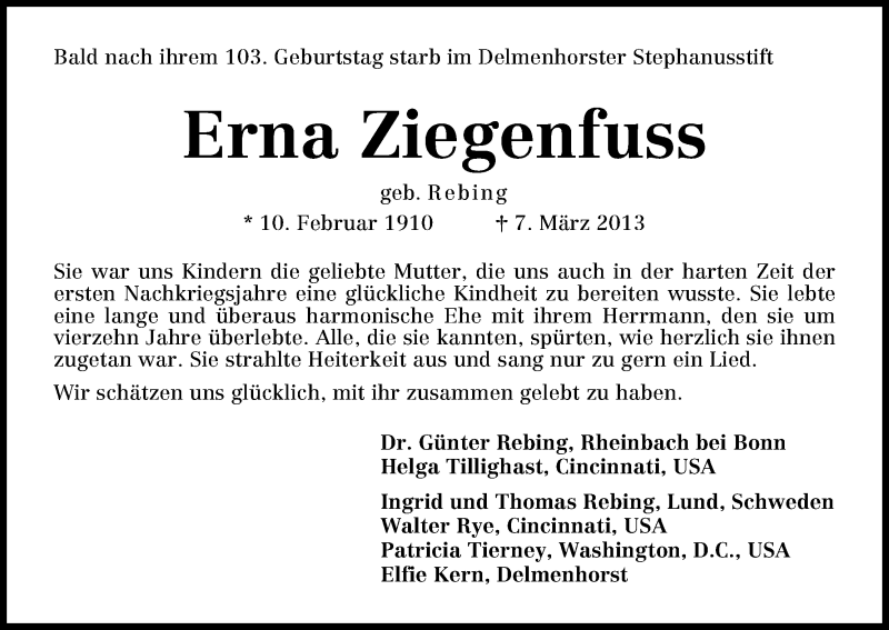 Traueranzeige von Erna Ziegenfuss von WESER-KURIER