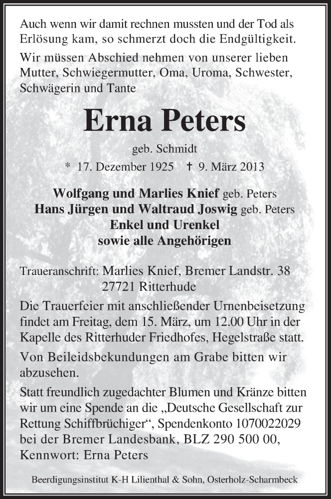 Traueranzeige von Erna Peters von WESER-KURIER