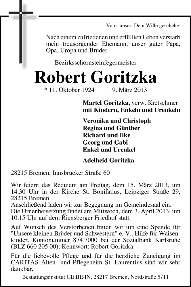 Traueranzeige von Robert Goritzka von WESER-KURIER
