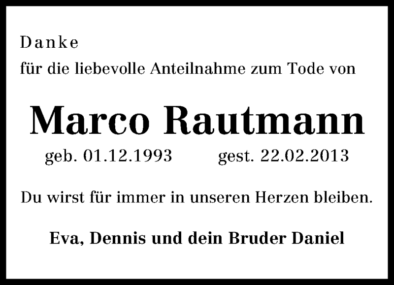  Traueranzeige für Marco Rautmann vom 16.03.2013 aus WESER-KURIER