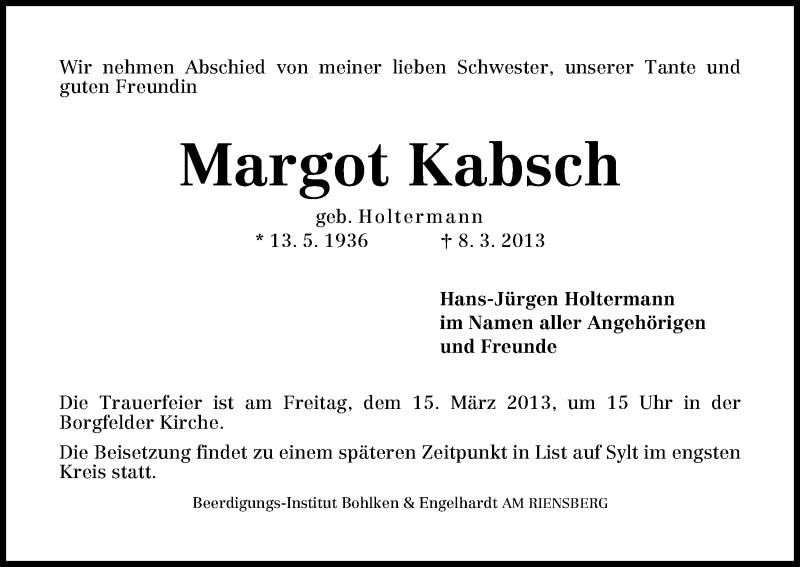 Traueranzeige von Margot Kabsch von WESER-KURIER