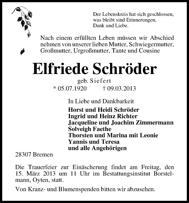 Traueranzeige von Elfriede Schröder von WESER-KURIER