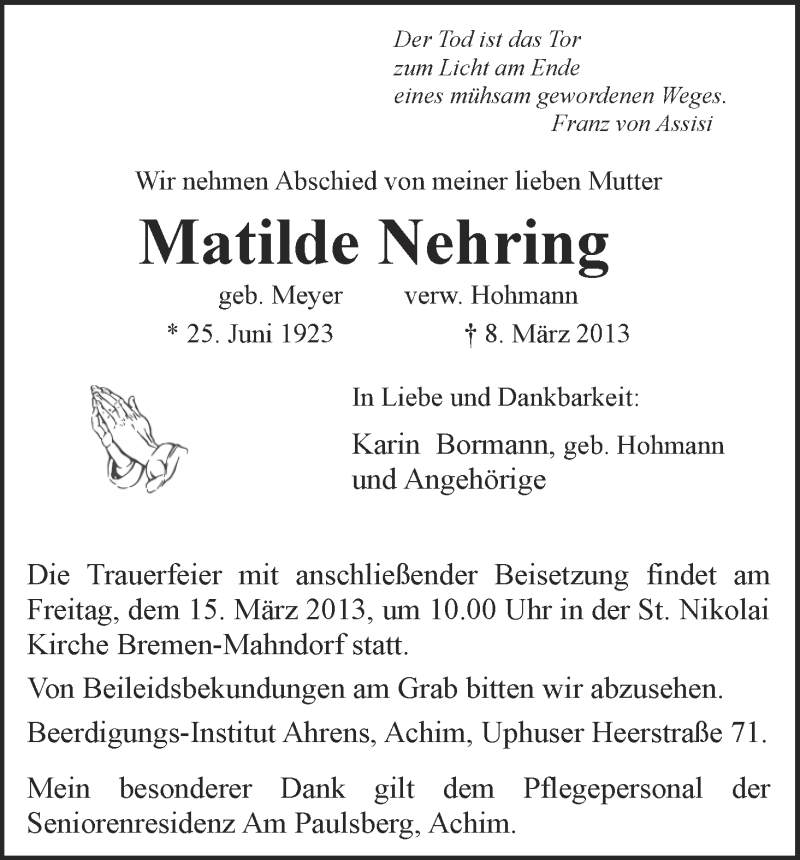 Traueranzeige von Matilde Nehring von WESER-KURIER