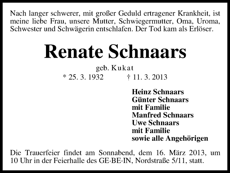 Traueranzeige von Renate Schnaars von WESER-KURIER