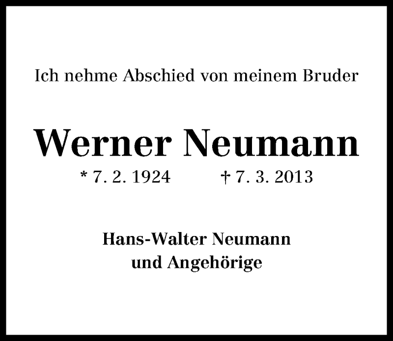 Traueranzeige von Werner Neumann von WESER-KURIER