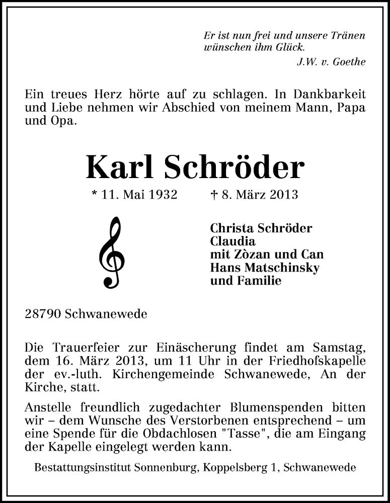 Traueranzeige von Karl Schröder von WESER-KURIER
