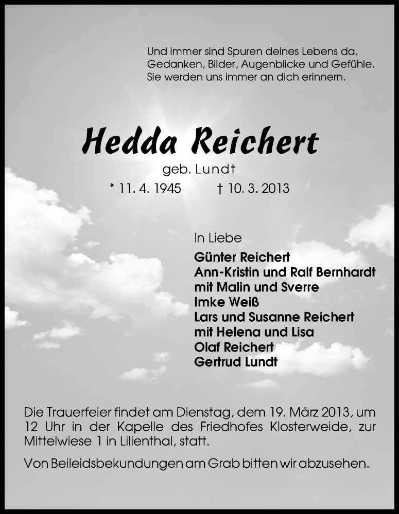  Traueranzeige für Hedda Reichert vom 13.03.2013 aus WESER-KURIER