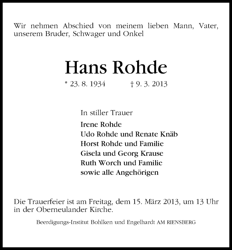 Traueranzeige von Hans Rohde von WESER-KURIER