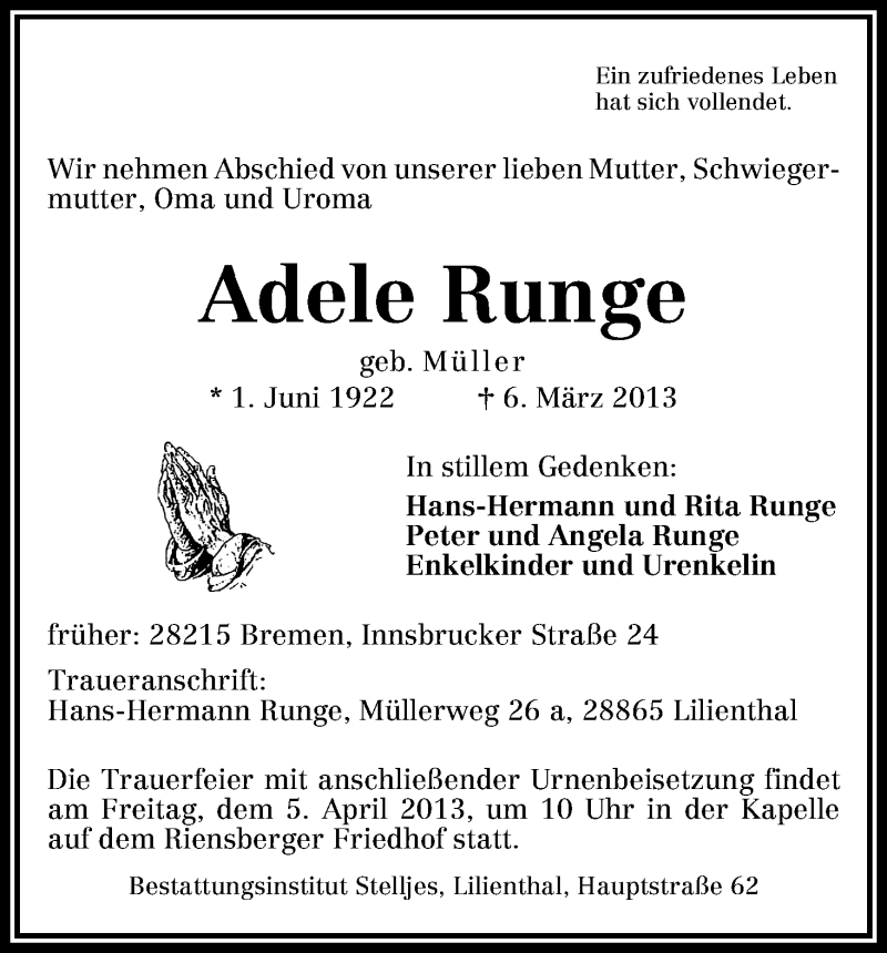  Traueranzeige für Adele Runge vom 14.03.2013 aus WESER-KURIER