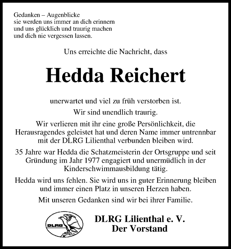  Traueranzeige für Hedda Reichert vom 14.03.2013 aus WESER-KURIER