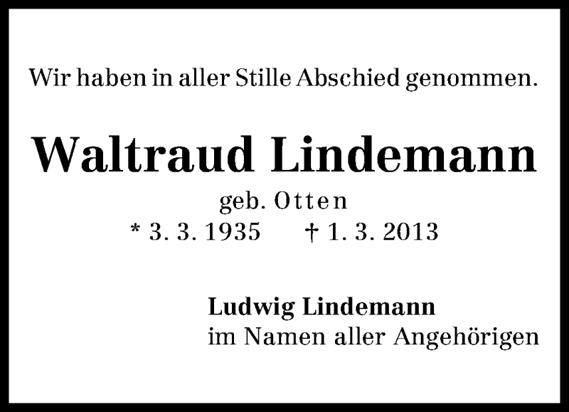 Traueranzeige von Waltraud Lindemann von WESER-KURIER