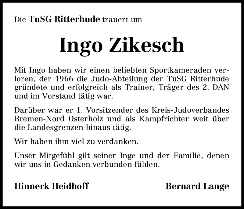 Traueranzeige von Ingo Zikesch von WESER-KURIER