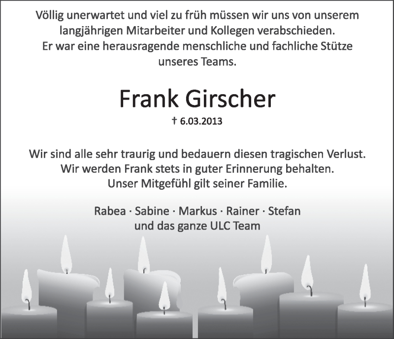  Traueranzeige für Frank Girscher vom 14.03.2013 aus WESER-KURIER