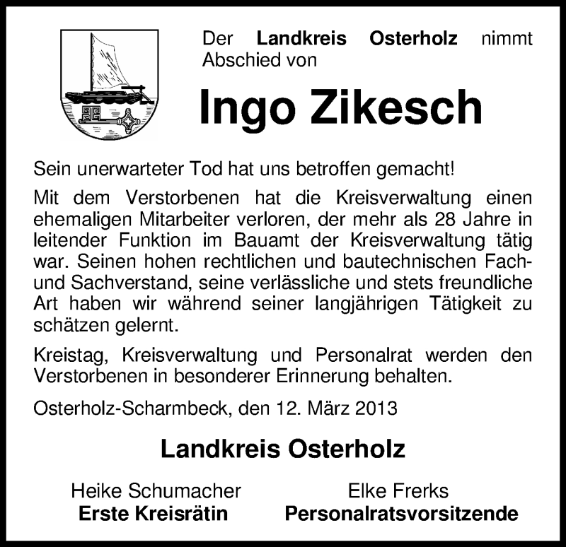 Traueranzeige von Ingo Zikesch von WESER-KURIER
