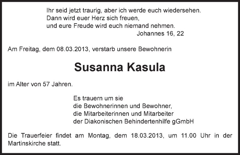 Traueranzeige von Susanna Kasula von WESER-KURIER