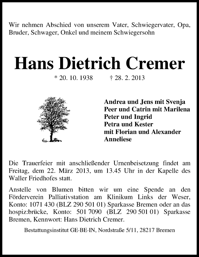 Traueranzeige von Hans-Dietrich Cremer von WESER-KURIER