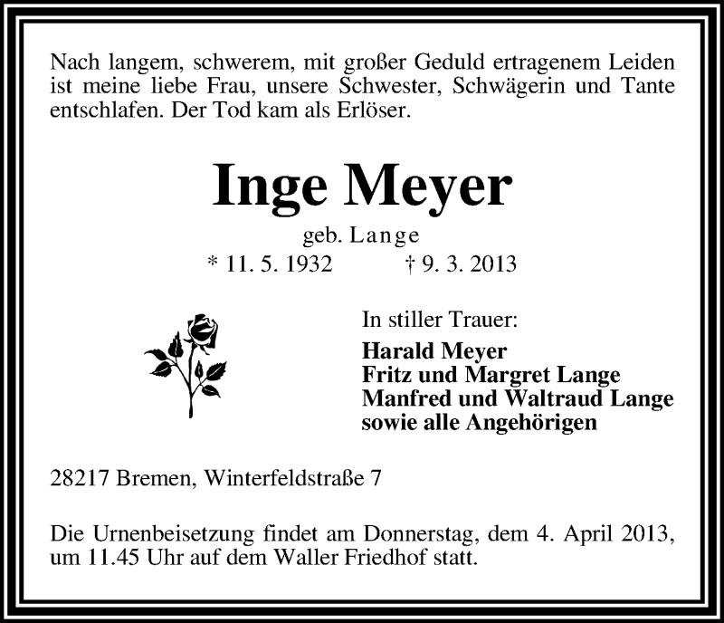 Traueranzeige von Inge Meyer von WESER-KURIER