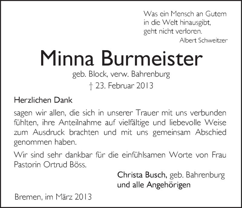 Traueranzeige von Minna Burmeister von WESER-KURIER