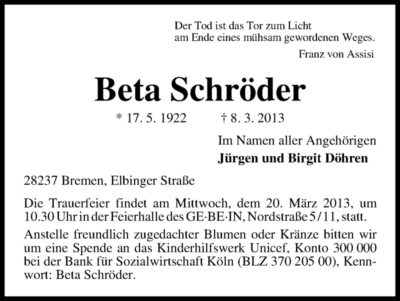 Traueranzeige von Beta Schröder von WESER-KURIER
