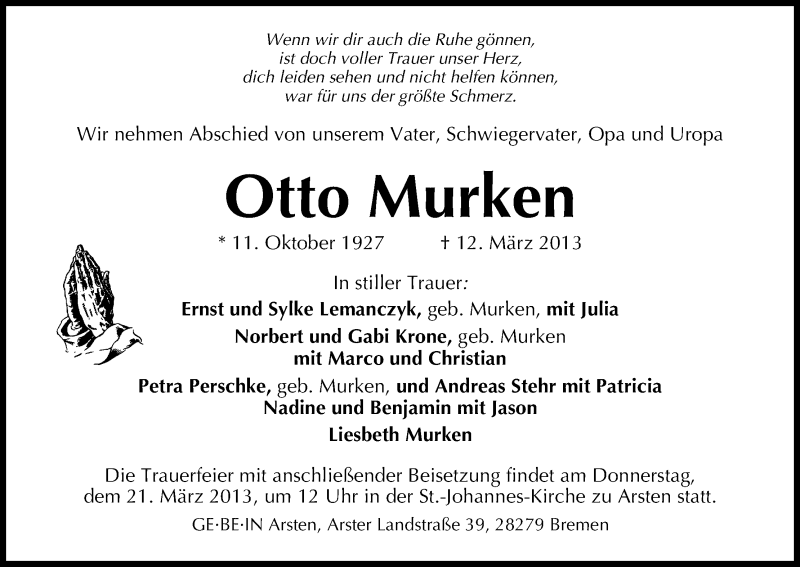 Traueranzeige von Otto Murken von WESER-KURIER