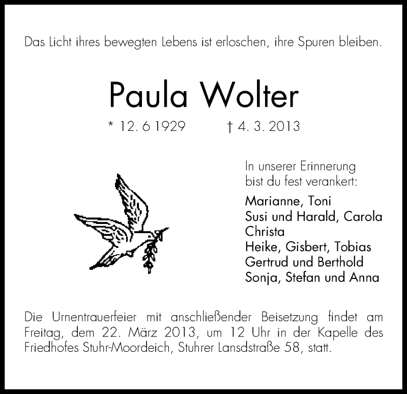 Traueranzeige von Paula Wolter von WESER-KURIER