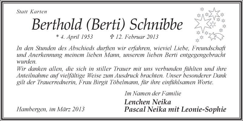  Traueranzeige für Berthold (Berti) Schnibbe vom 16.03.2013 aus WESER-KURIER