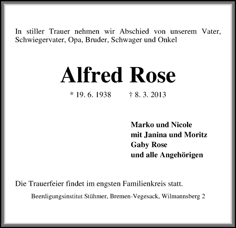 Traueranzeige von Alfred Rose von WESER-KURIER