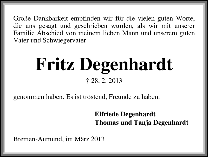 Traueranzeige von Fritz Degenhardt von WESER-KURIER