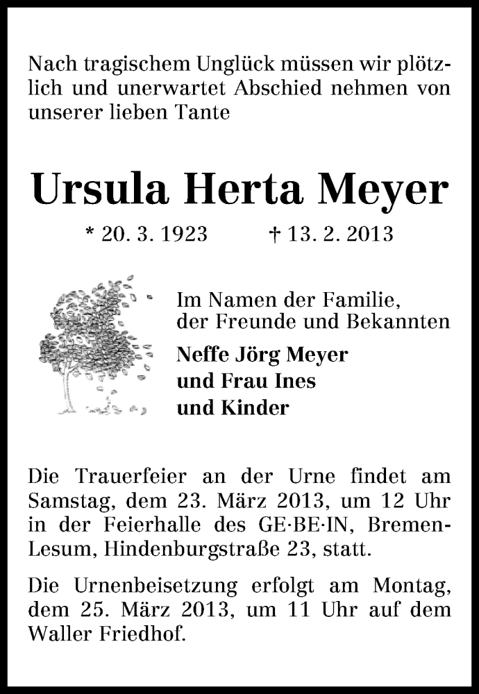 Traueranzeige von Ursula Herta Meyer von WESER-KURIER