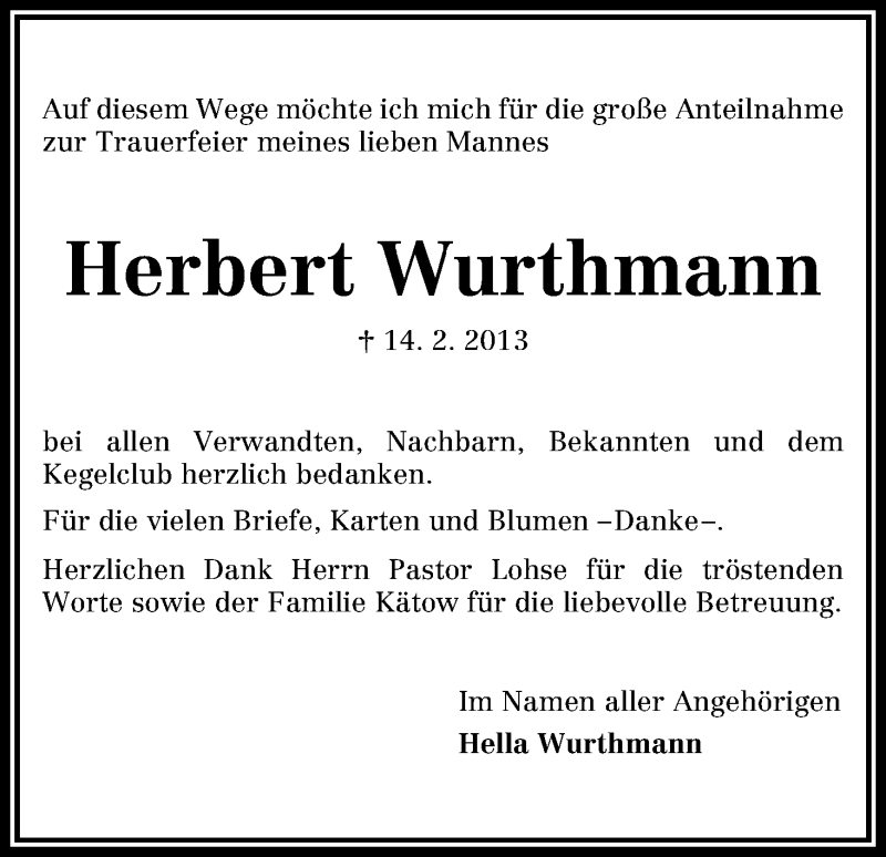 Traueranzeige von Herbert Wurthmann von WESER-KURIER
