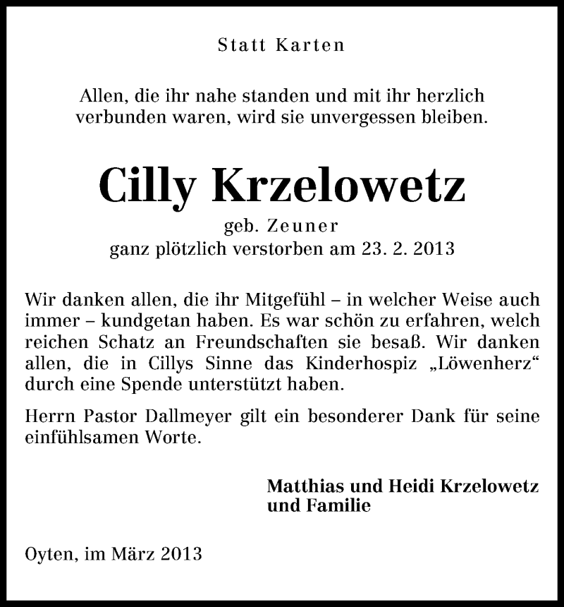 Traueranzeige von Cilly Krzelowetz von WESER-KURIER