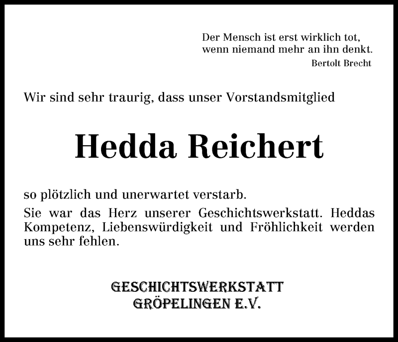 Traueranzeige von Hedda Reichert von WESER-KURIER