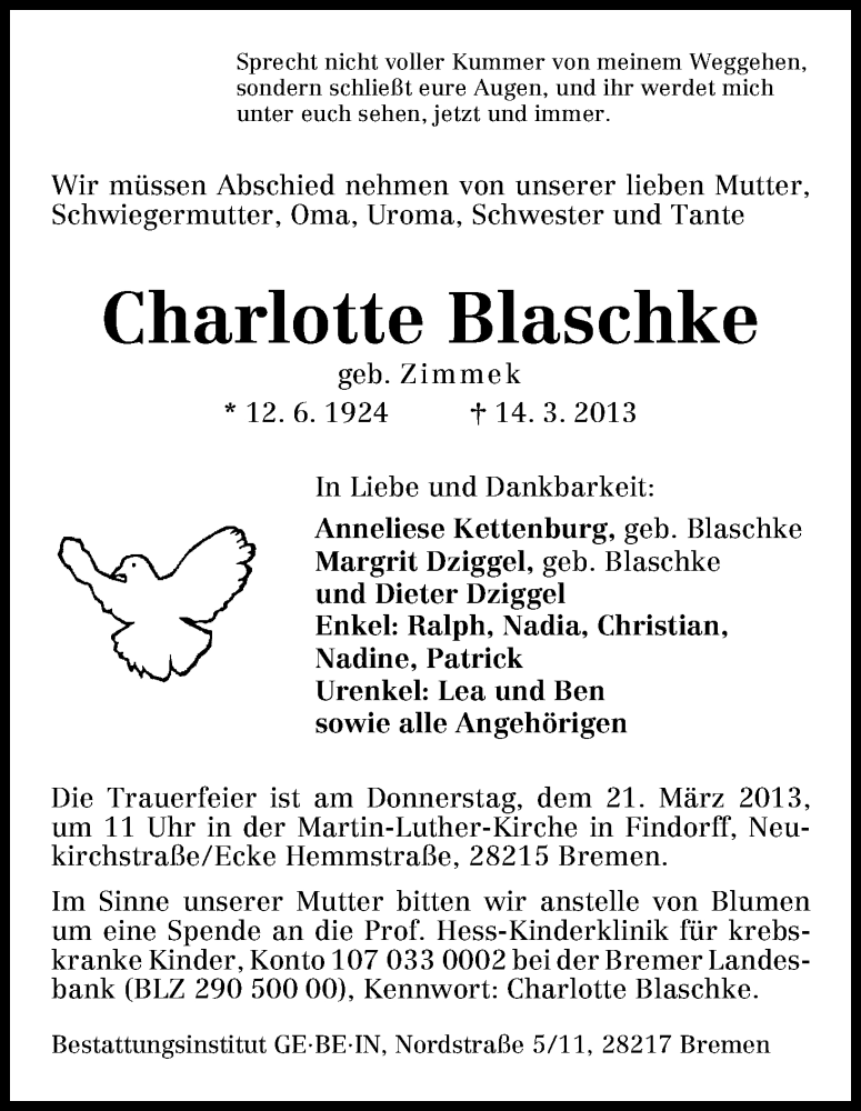 Traueranzeige von Charlotte Blaschke von WESER-KURIER
