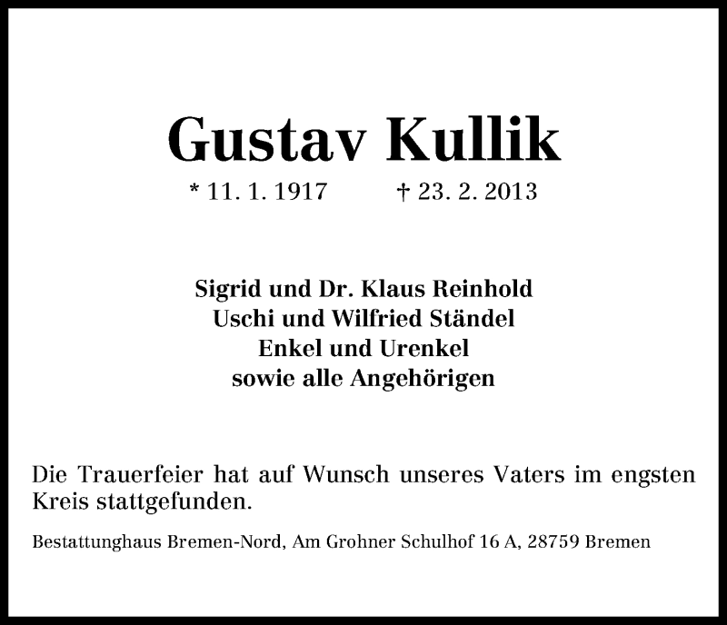 Traueranzeige von Gustav Kullik von WESER-KURIER